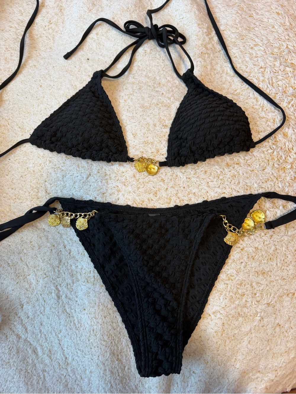 Black Textured Triangle Bikini with Gold Shell Charms